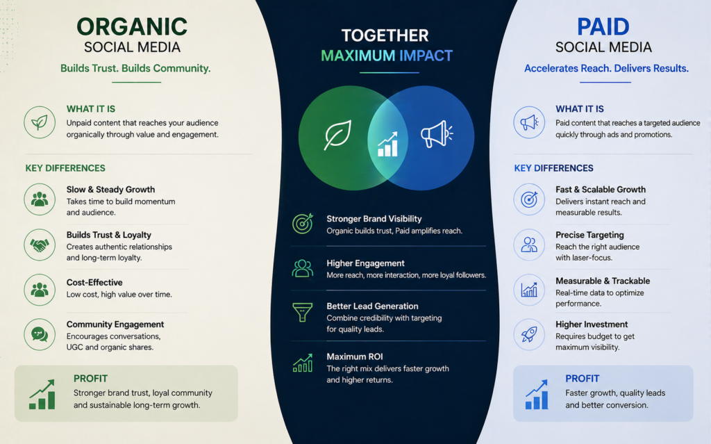 This is one of those topics where most people think they understand it—but don’t fully.
Organic social media is what builds your foundation. It’s your posts, your Reels, your stories, your consistency. Over time, it builds trust and creates social proof.
Paid social media—through tools like Meta ads management and Facebook Business Manager—helps you scale. It pushes your content to the right audience faster using audience targeting in India.
But here’s the part most businesses miss:
Organic builds trust
Paid builds speed
If you rely only on organic, growth is slow.
If you rely only on paid, trust is weak.
The real growth happens when both are working together, supporting each other.