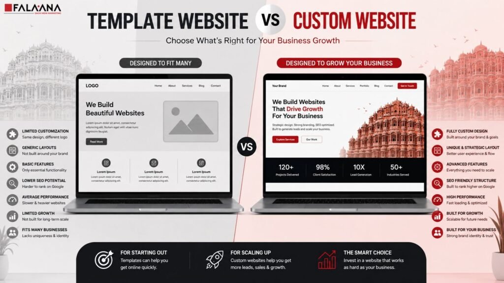 Custom Website vs Template Website: Which Is Better for Business? - Falaana A template website can be useful when a business needs something simple, fast, and low-cost. Many new businesses start with templates, and that is okay. But the problem begins when the business grows and the template starts limiting the brand, SEO, performance, and conversion flow.