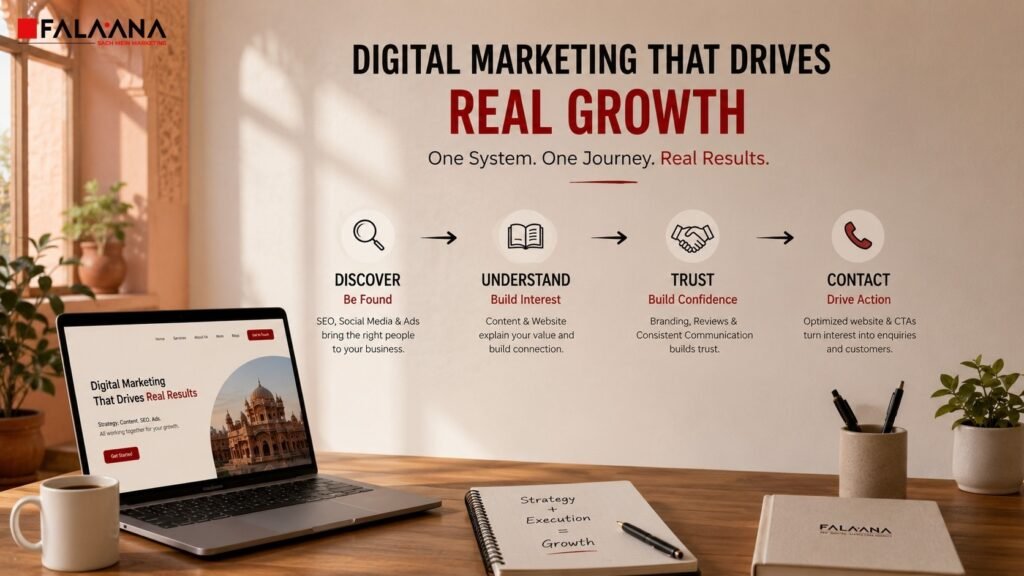 If you are wondering How does digital marketing affect business growth?, the simple answer is that it improves visibility, trust, education, and lead generation. SEO helps people find your business on Google. Social media helps people remember your brand. Content helps people understand your expertise. Website development helps visitors take action. Branding makes your business feel consistent. Paid ads help you reach faster. Analytics helps you improve decisions.