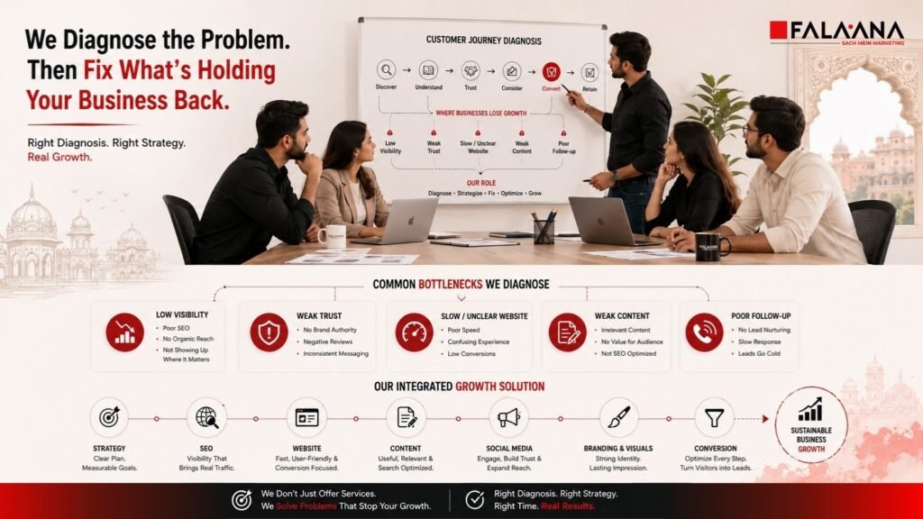 Professional digital marketing services solve growth challenges by identifying where the customer journey is breaking. Sometimes the business does not have enough visibility. Sometimes people are finding the business but not trusting it. Sometimes the website is slow or unclear. Sometimes content is weak. Sometimes leads are coming, but the team is not following up properly.

A professional team studies the full system before suggesting solutions. For one business, SEO services in Jaipur may be the first priority. For another, website development services in Jaipur may be more urgent. For another, branding, social media, or performance marketing may need attention first. The right decision depends on the current stage of the business.