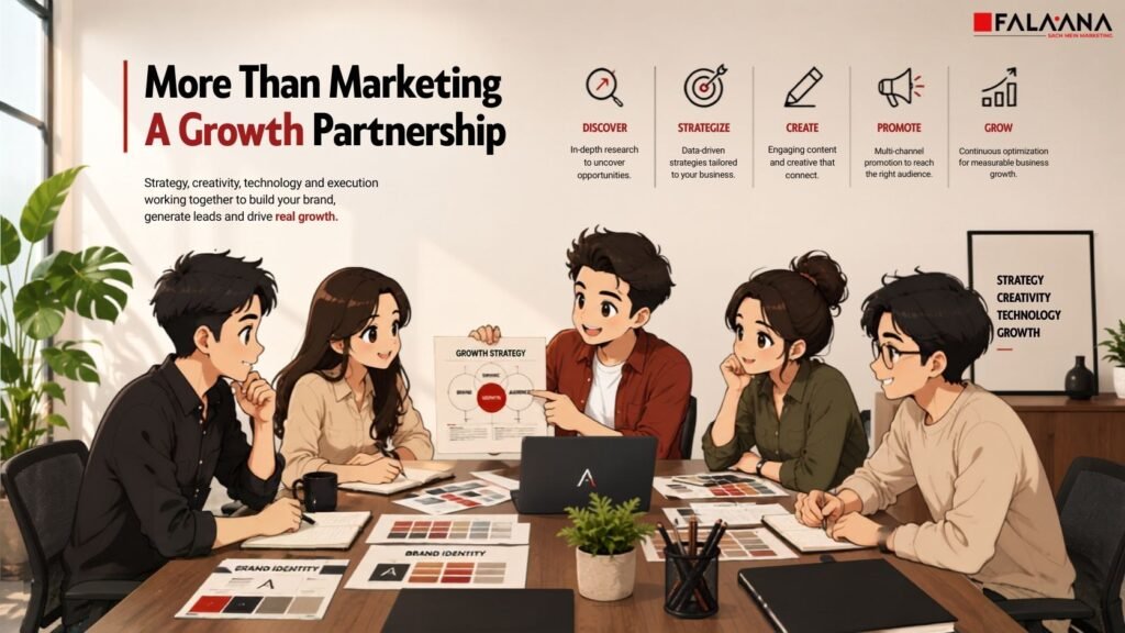 Falaana Marketing is different from many agencies because it does not look at digital marketing as only posting content, running ads, or improving rankings. It works like a business growth partner that connects SEO, website development, branding, social media, performance marketing, content, product shoots, and lead generation into one practical strategy. For businesses searching for a digital marketing agency in Jaipur, the real need is not more online activity; the real need is clarity, trust, qualified leads, and long-term growth. Falaana Marketing, the best digital marketing agency in Jaipur, helps brands understand why their business is not growing online and what needs to be fixed across visibility, website experience, content, branding, and customer journey.