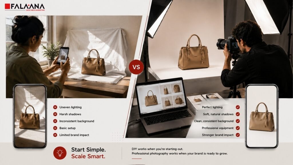 DIY Product Photography vs Professional Photography | Falaana The debate around DIY product photography vs. professional photography is common, especially for small businesses. DIY photography can work when a brand is just starting, testing products, or creating casual behind-the-scenes content. A good phone, natural light, and basic editing can help you create simple visuals in the early stage.
But DIY photography starts showing limitations when the brand wants consistency, scale, and trust. Lighting changes from image to image. Backgrounds may look uneven. Product colors may not stay accurate. Shadows may look harsh. The product may not look as premium as it actually is. This becomes a problem when the same images are used for websites, e-commerce listings, social media ads, or catalogs.
Professional product photography brings planning, lighting, styling, angles, consistency, editing, and platform understanding. A professional shoot is not only about a better camera. It is about knowing how to make the product look clear, desirable, and reliable. For businesses that want better online trust, professional photography usually becomes worth it once the product is ready for serious selling.
